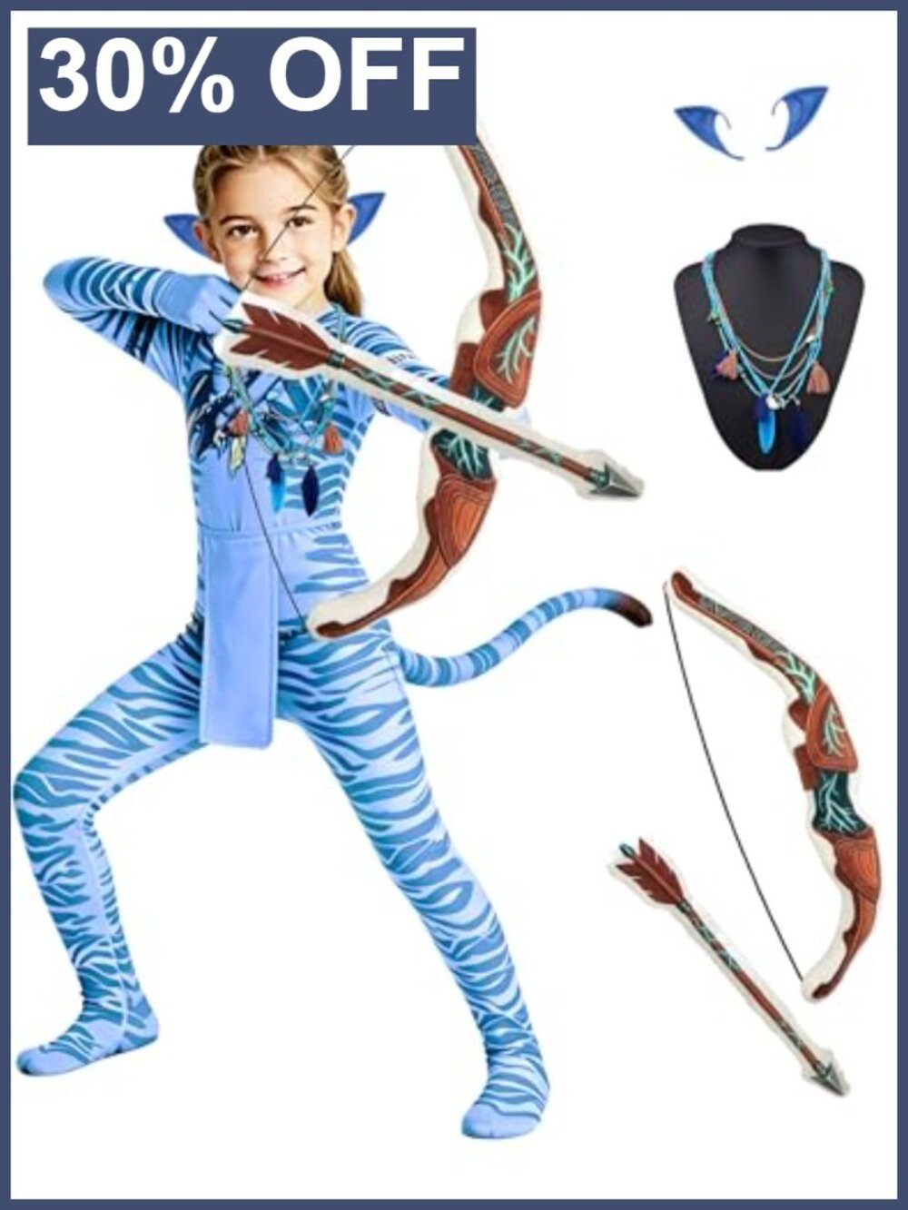 Kids Cosplay Set Striped Costume with Bow Arrow Plush Elf Ears Necklace